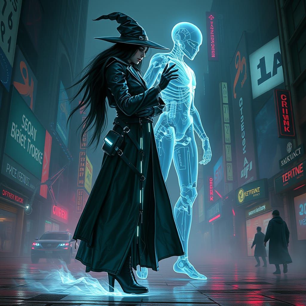 Cyberpunk Witch Summons Robot Ghost in Misty City