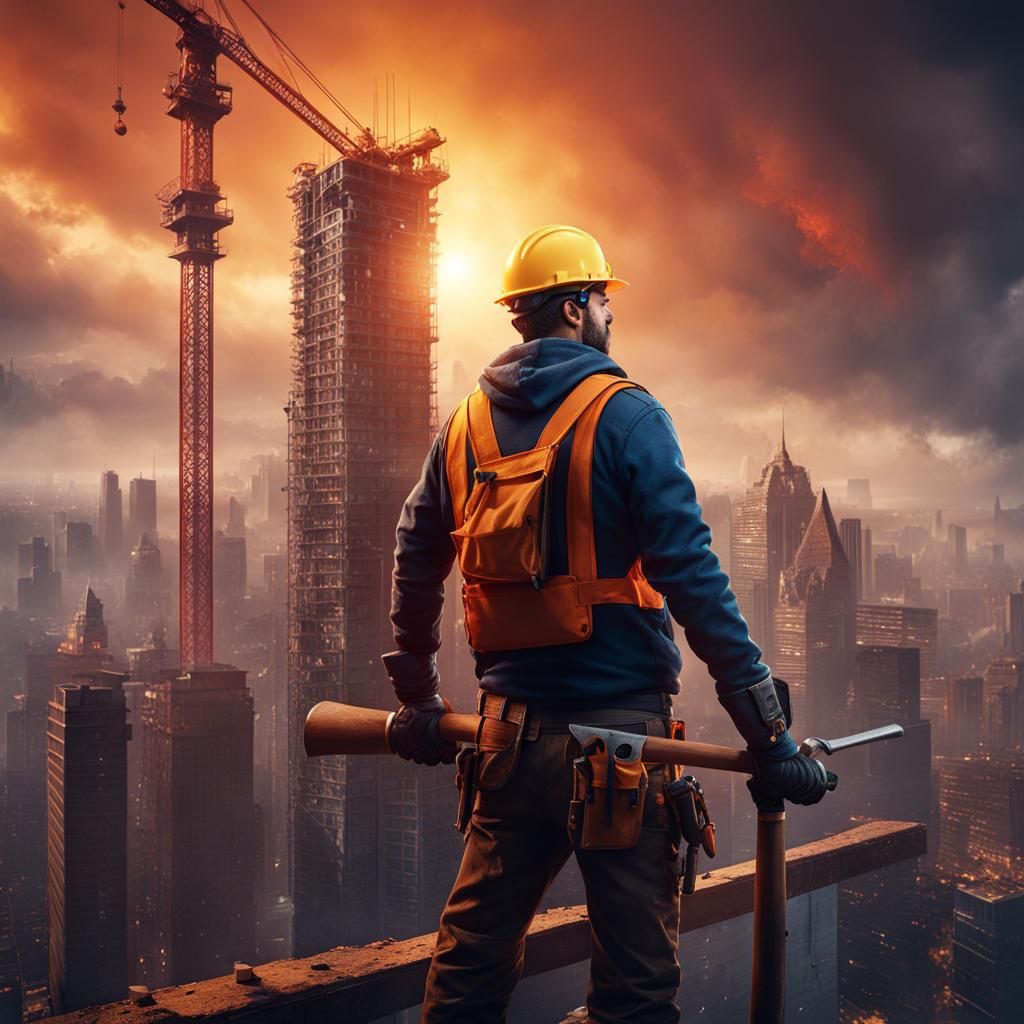 Construction Worker on Rooftop in Detailed Matte Painting