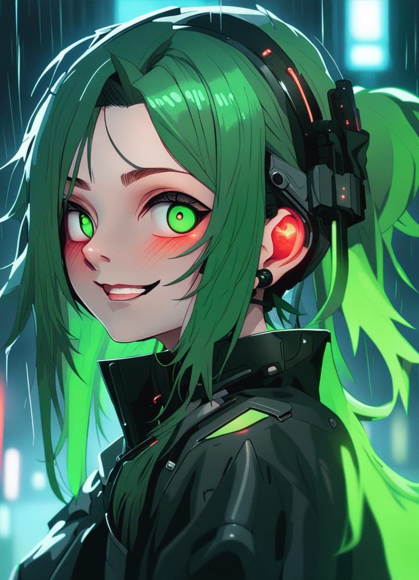 Dark Cyberpunk Girl with Neon Goggles in Anime Style