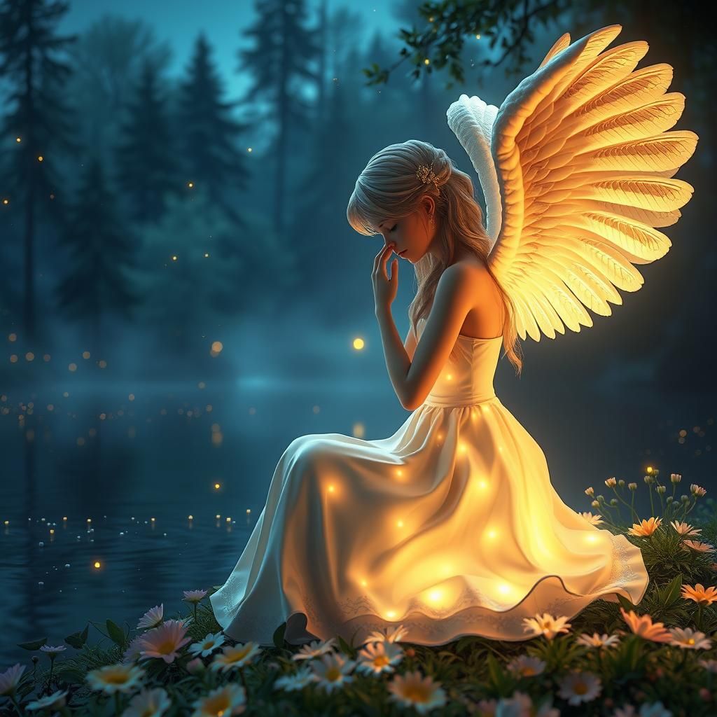 Sad Angel at Swan Lake in Magical Night