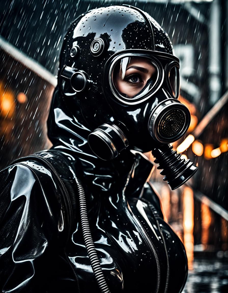 Woman in Gas Mask in Rainy, Moody Scene