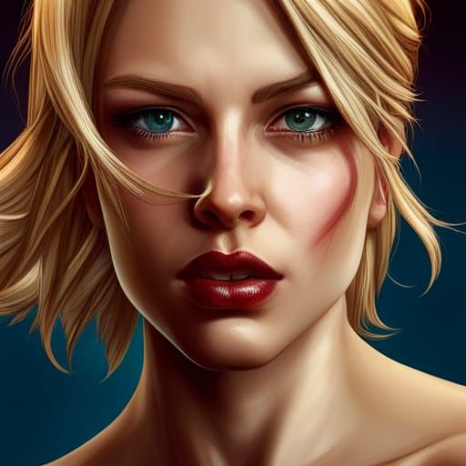 Hyperrealistic Portrait: Blonde Woman with Red Eyes