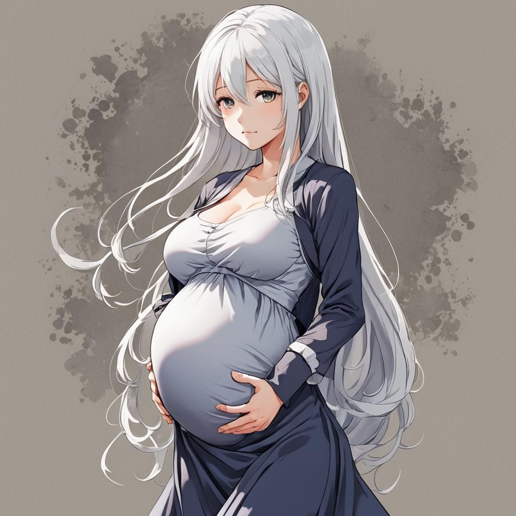 Anime Style Pregnant Woman with White Hair