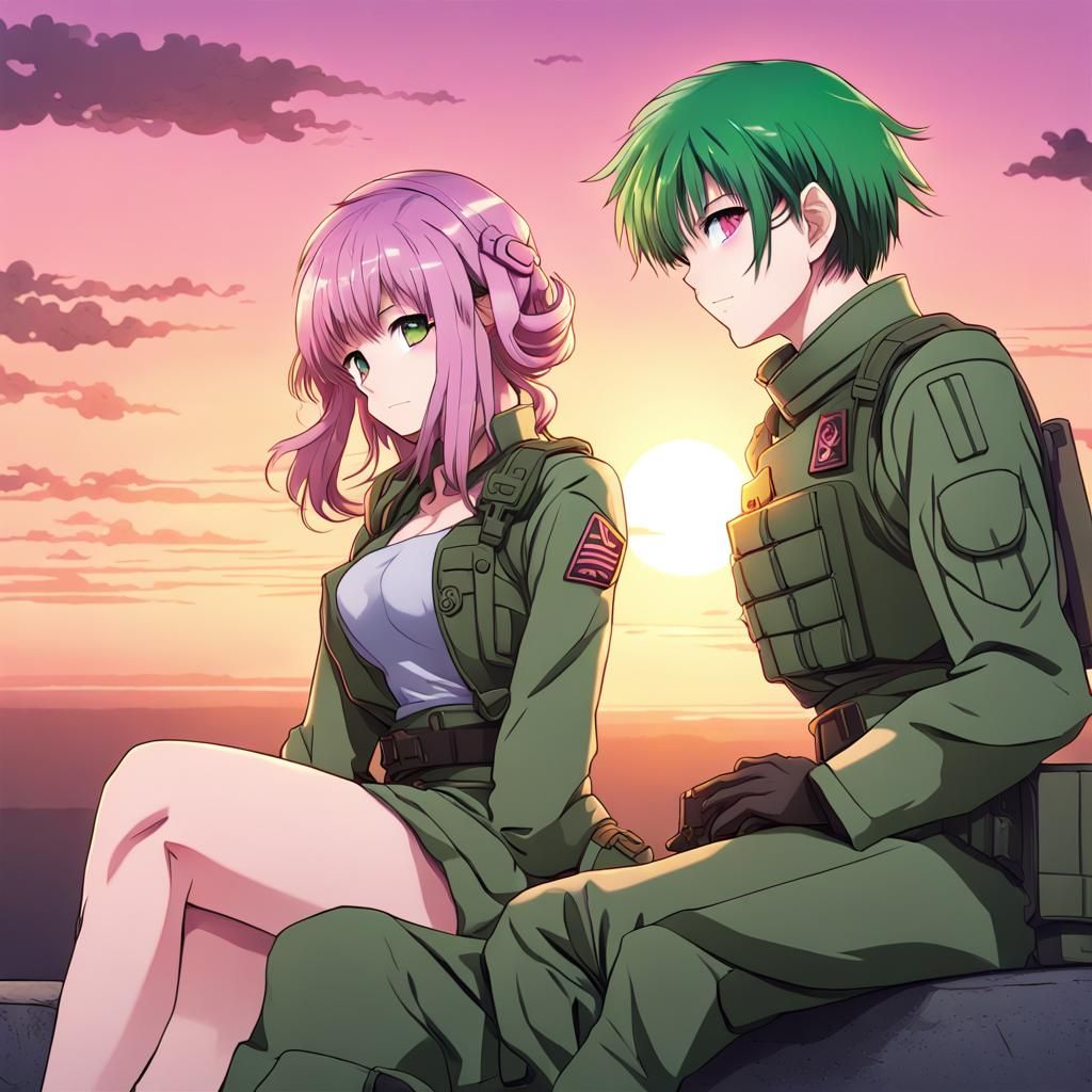 Anime Soldier and Woman at Sunset
