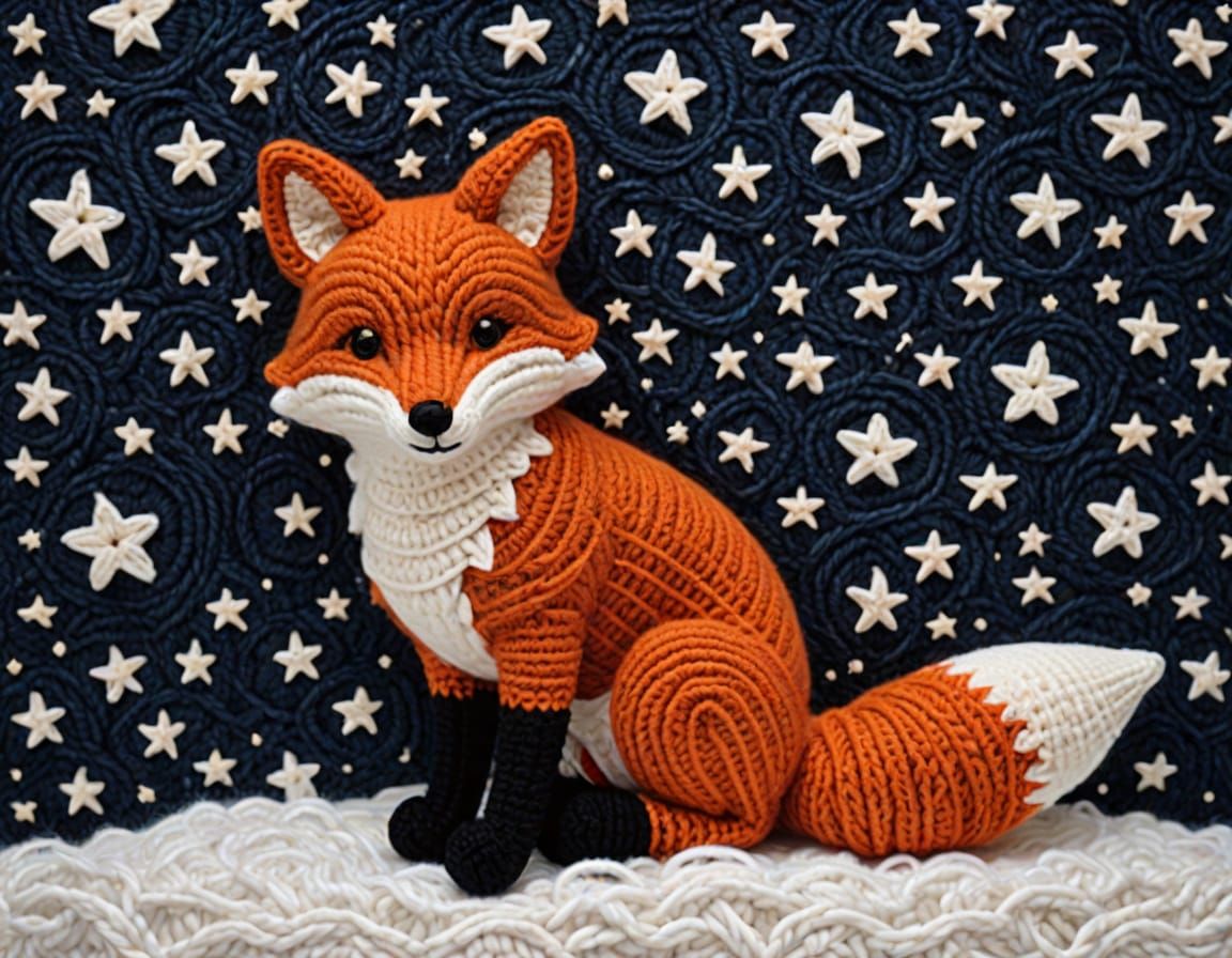 Yarn crochet fox beneath stars