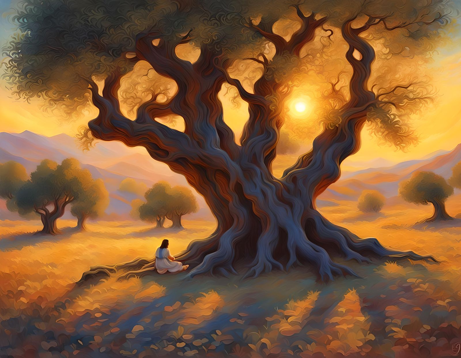 Jesus Praying Under Olive Tree at Sunset