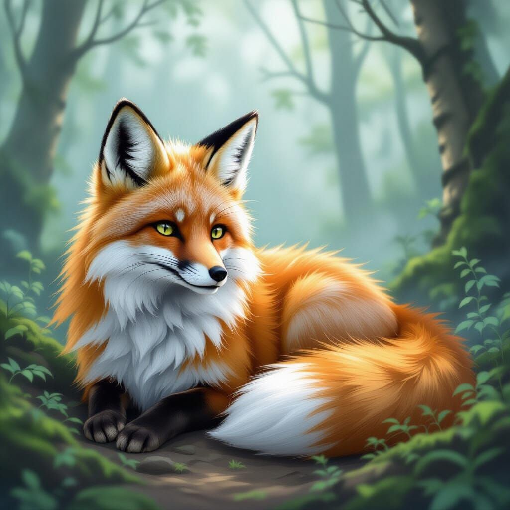 Fox Lounging in Misty Forest, Fantasy Illustration