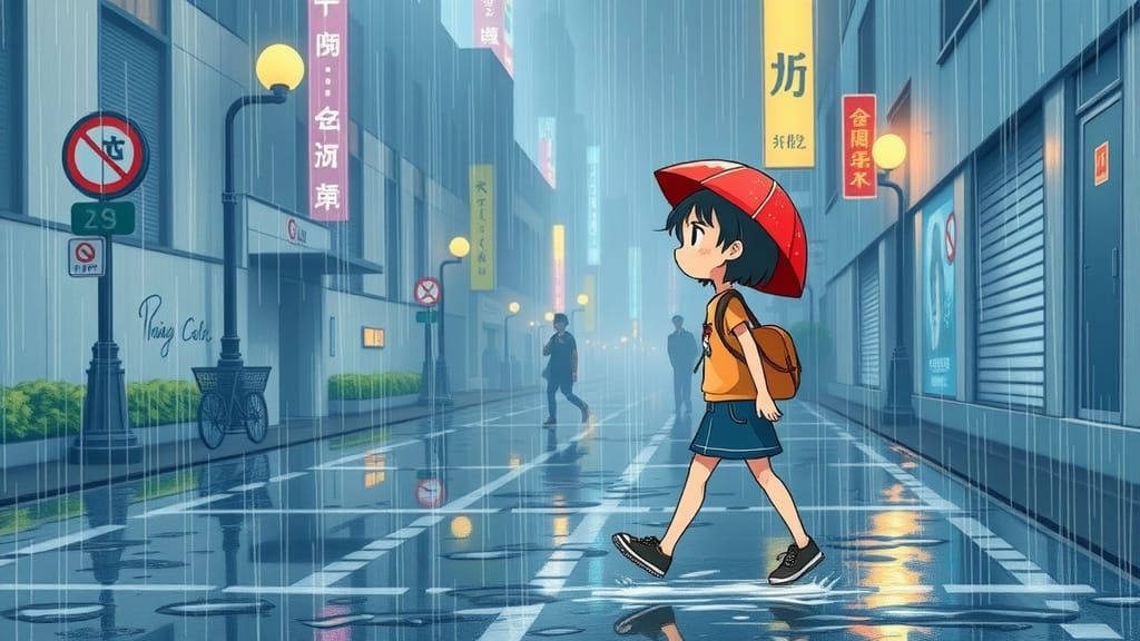 Girl Walking in Rain, Yao Yao Ma Van As Style