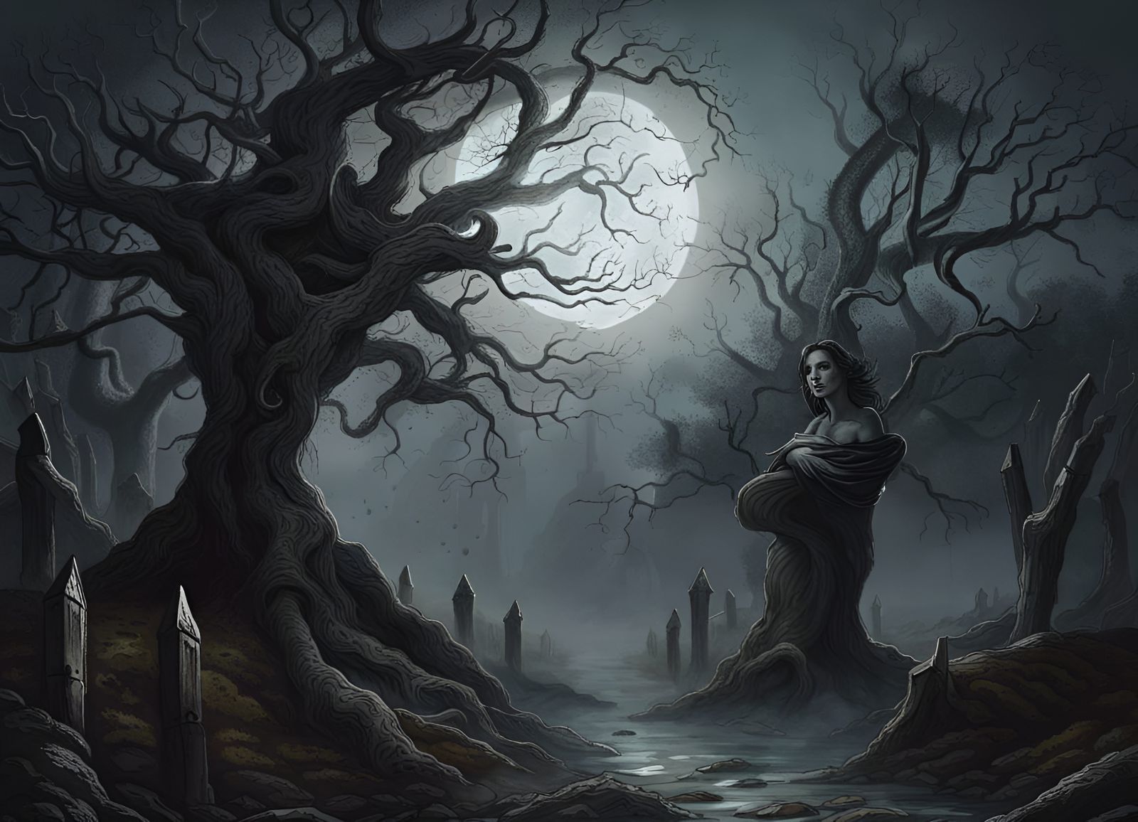 Eerie Halloween Night: Cemetery Under Full Moon