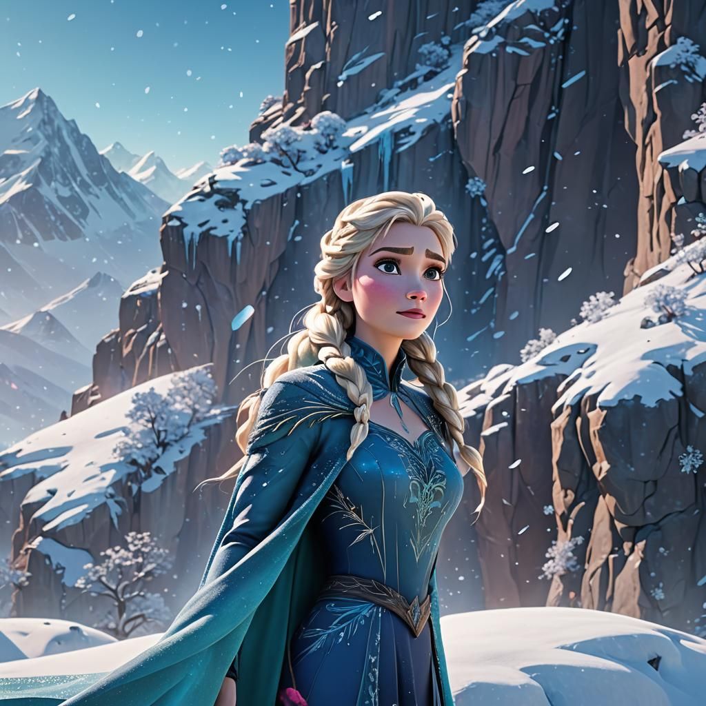 Elsa on Snowy Mountain in 3D Digital Art