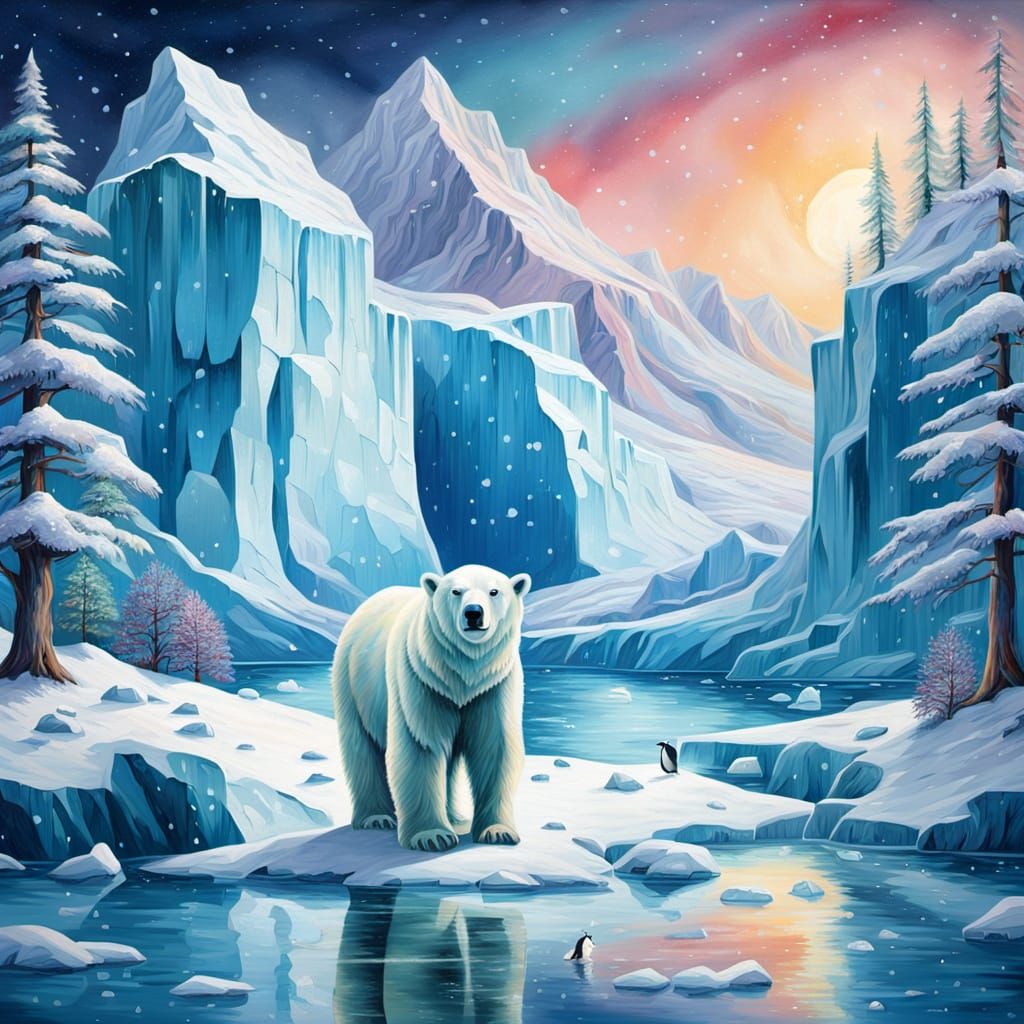 Polar Bear and Penguin in Snowy Surrealism