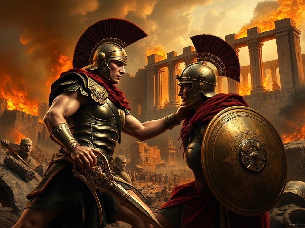Achilles Confronts Hector in Burning City, Baroque Style