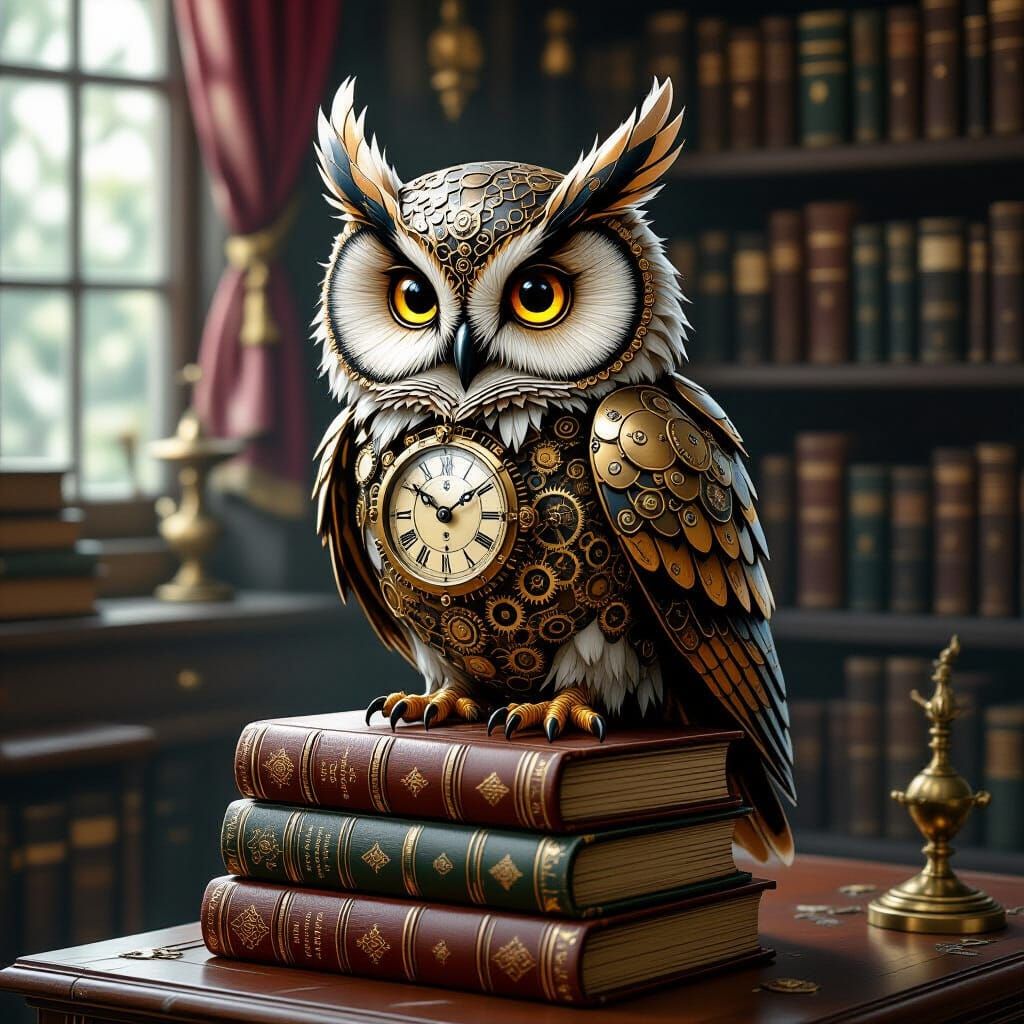 Clockwork Owl on Books in Steampunk Study