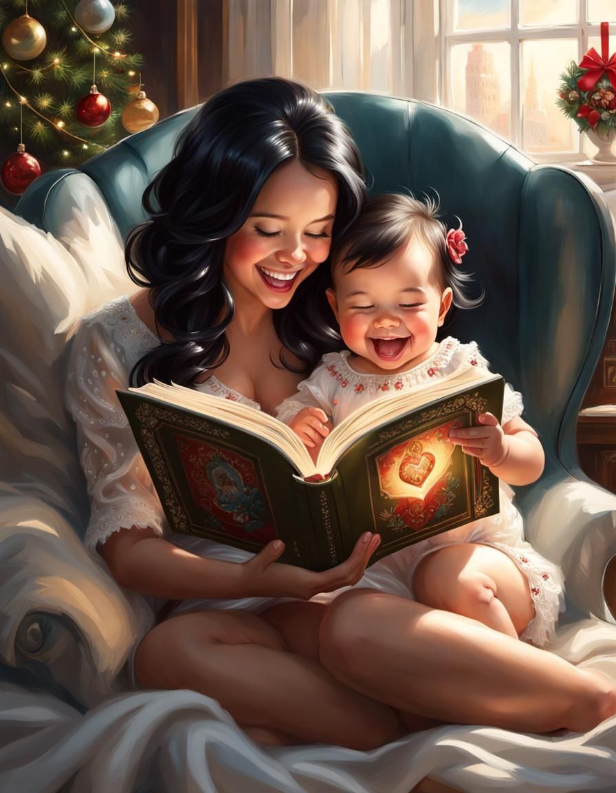 Mother and Baby Reading, Hyperrealistic Poster Art