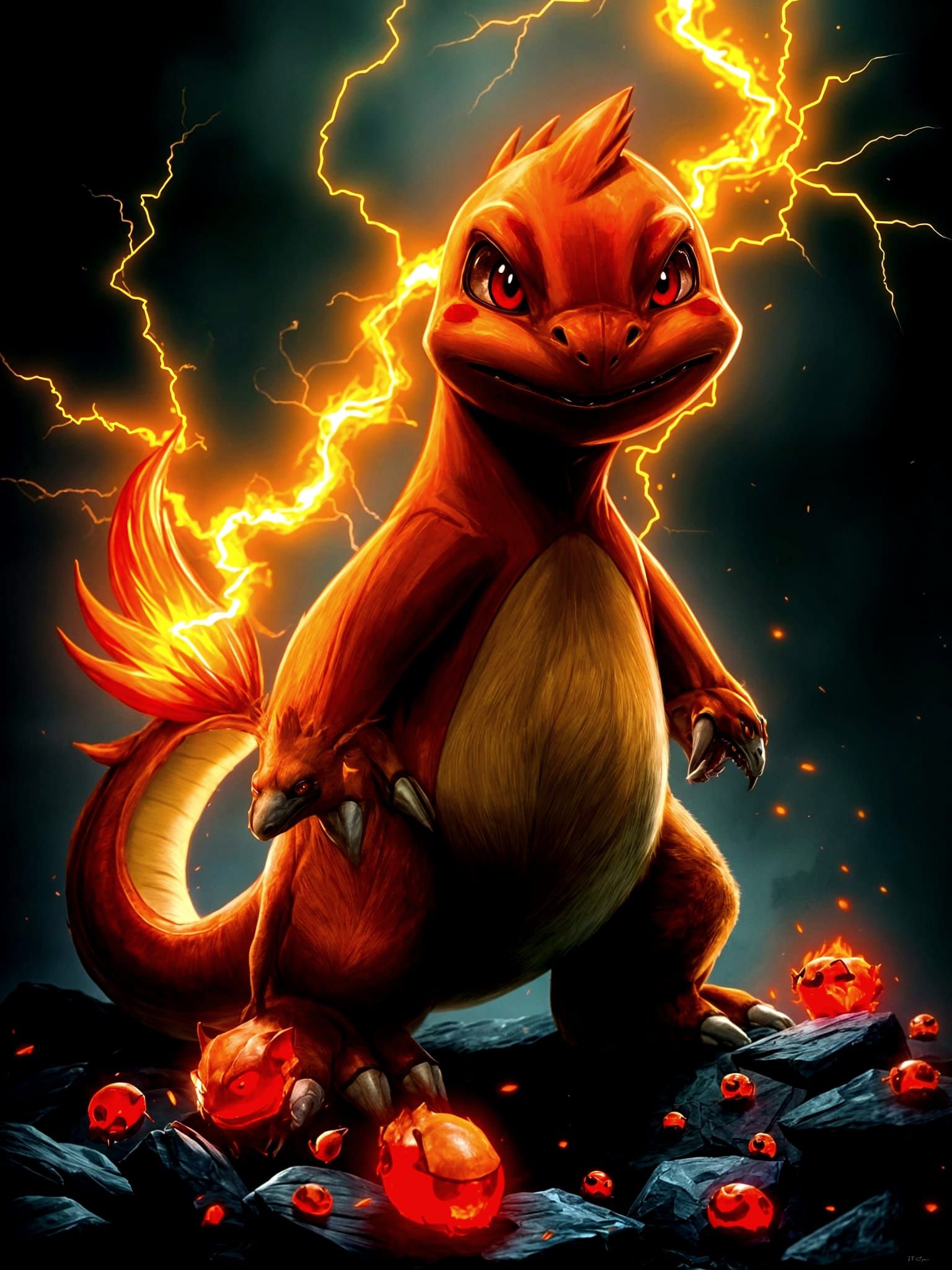 Menacing Red Charmander in Dark Fantasy Illustration