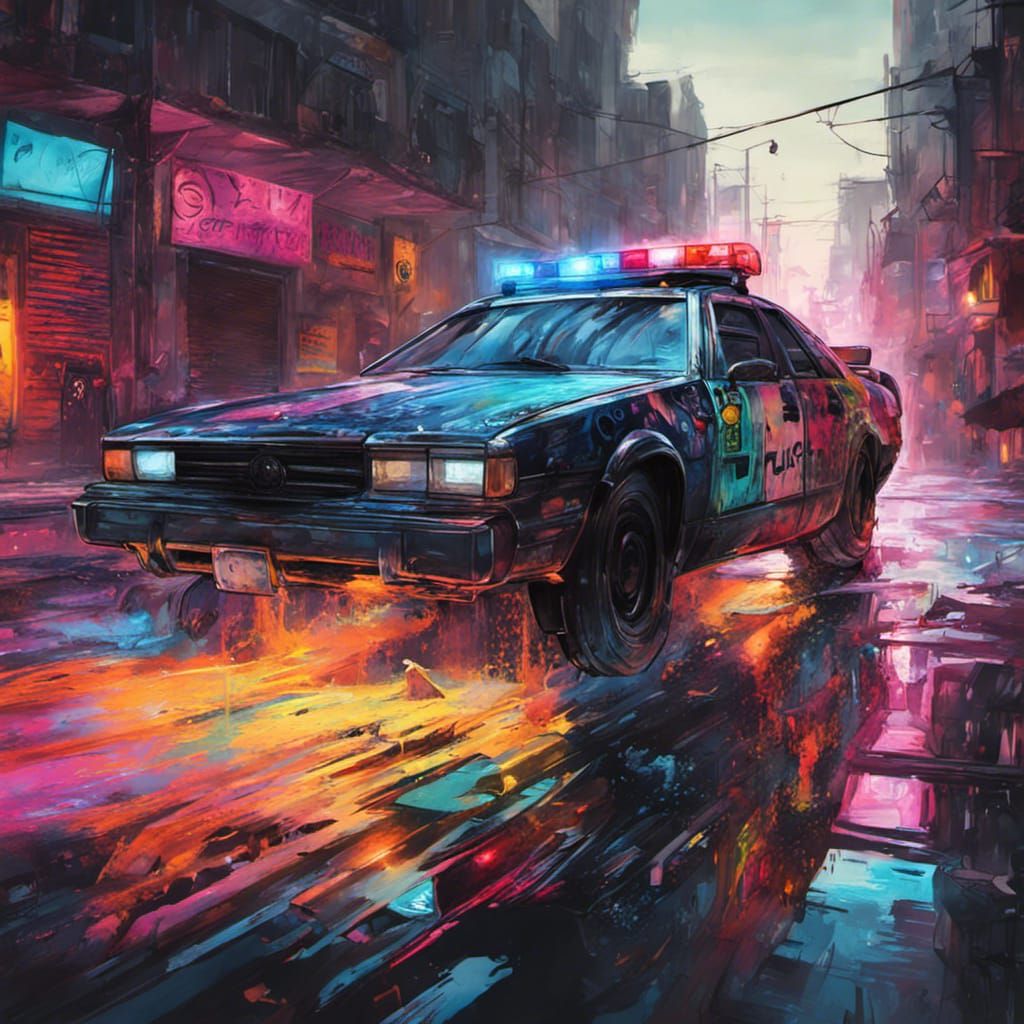 Cyberpunk Police Car in Graffiti Art Style