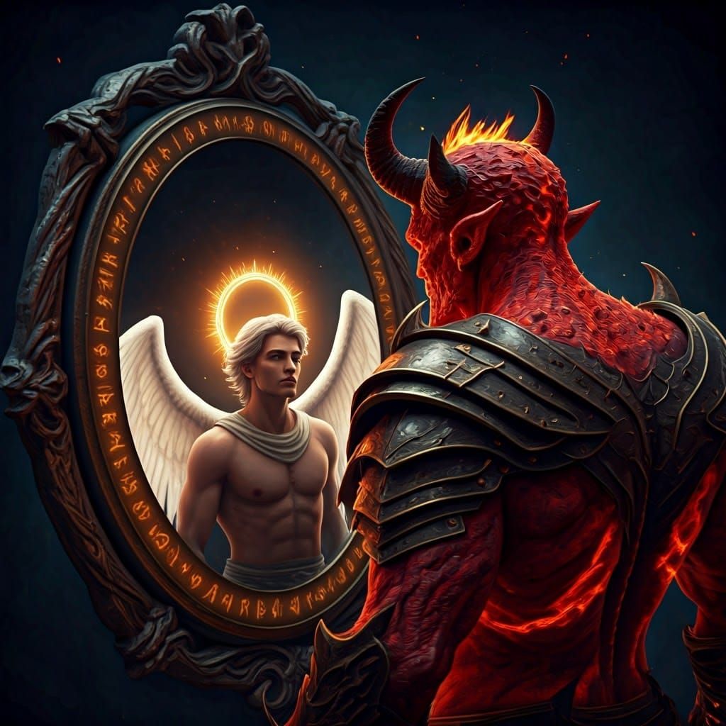Fiery Demon's Angelic Reflection in Mystical Mirror