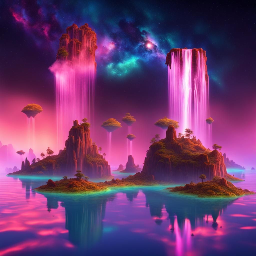 Etch of floating islands with glowing waterfalls, galaxy cos...