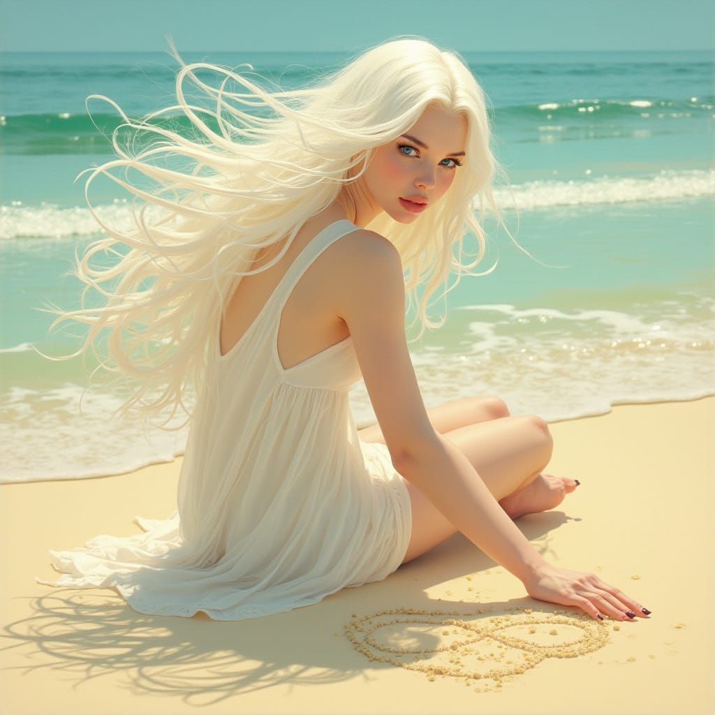 Ethereal Beach Scene in Art Nouveau Style