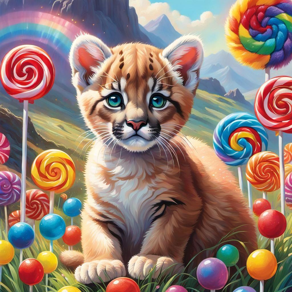 Iridescent Puma Cub in a Candy Landscape