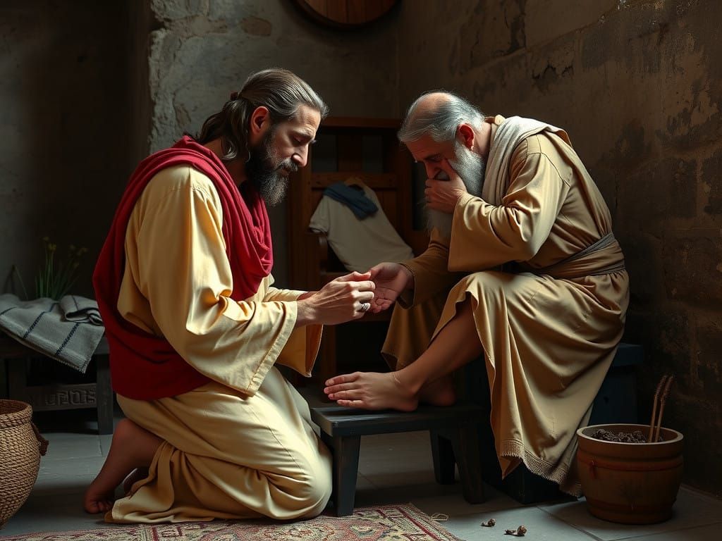 Jesus Washing Feet in Humble Biblical Setting
