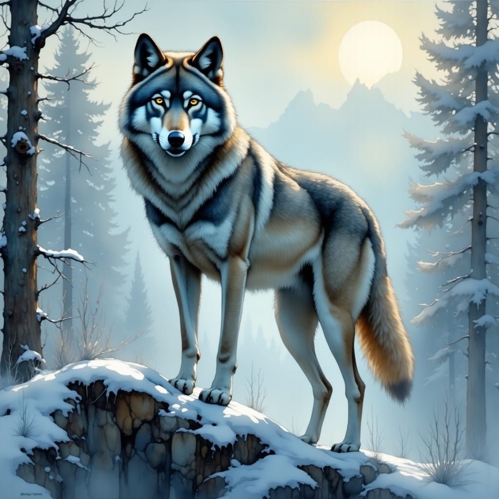 Wolf on Snowy Ridge: Hyperrealistic Winter Landscape