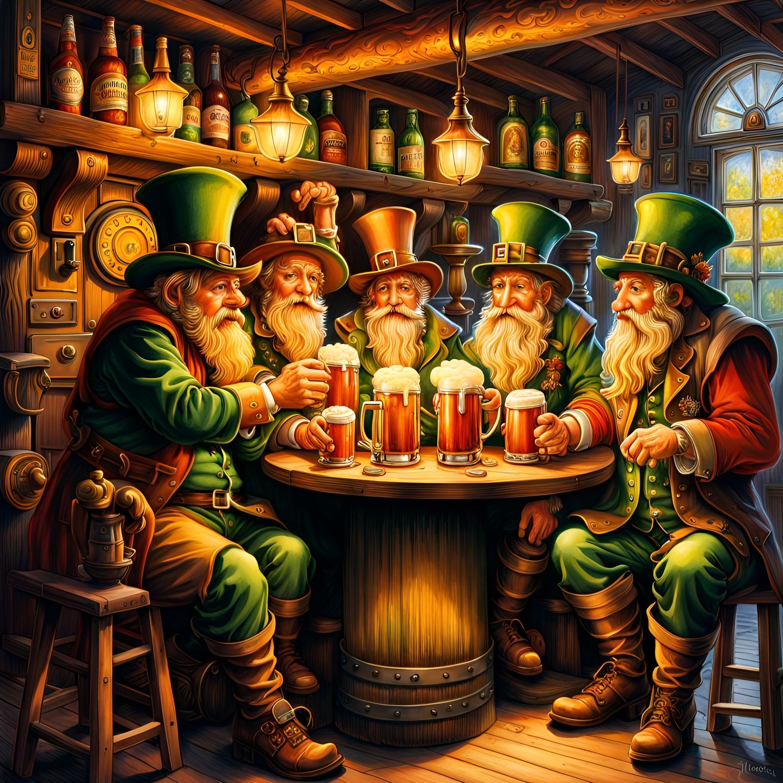 Hyperrealistic Leprechauns at Pub in Watercolor Style