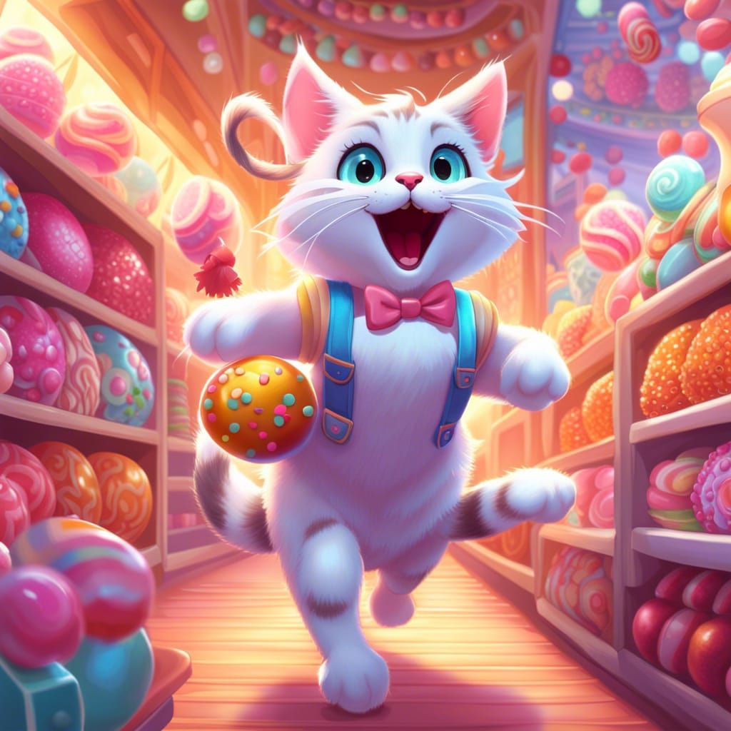 Hyperdetailed Catgirl Runs Through Candy Store in Anime Styl...