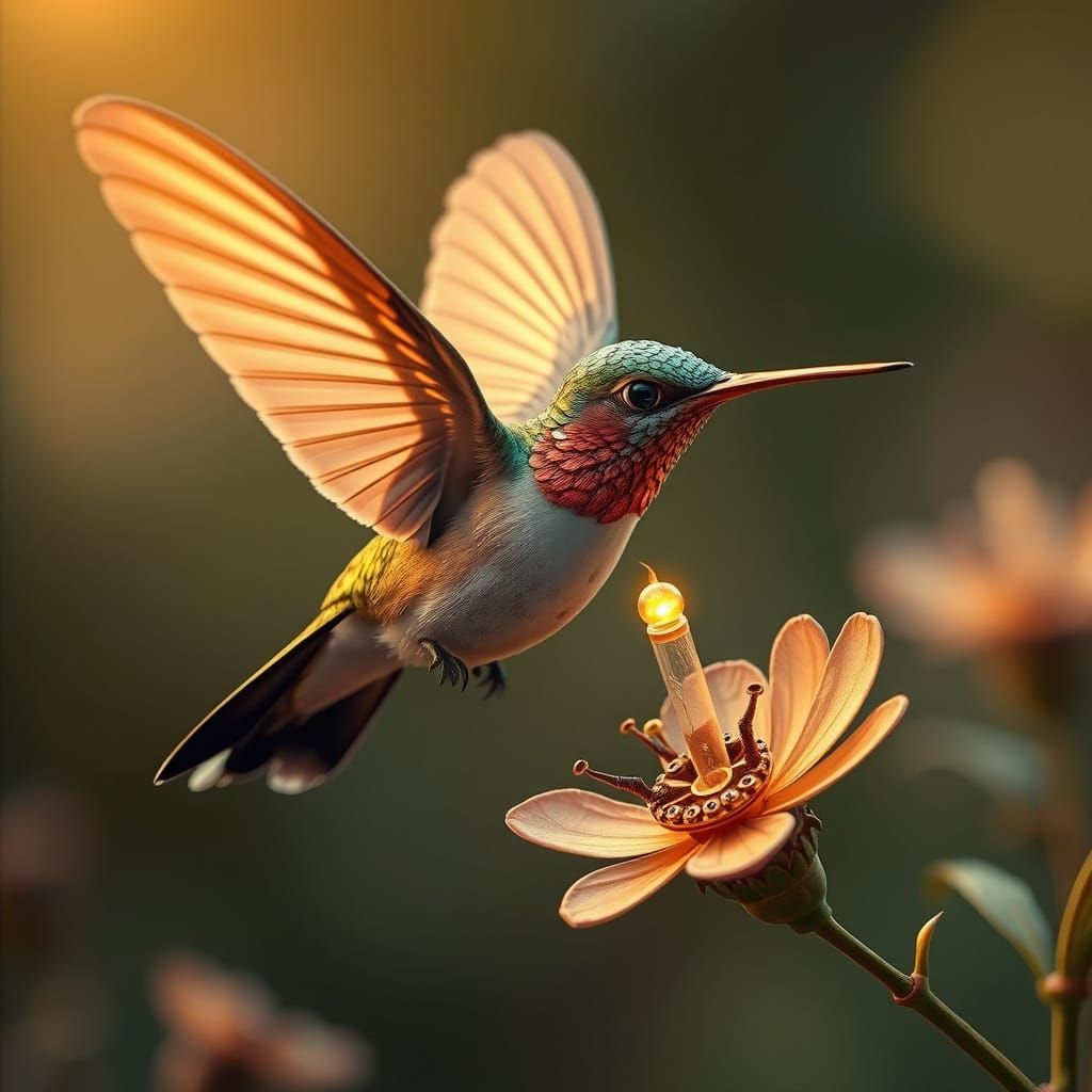 Steampunk Hummingbird Sipping Nectar from Mechanical Flower