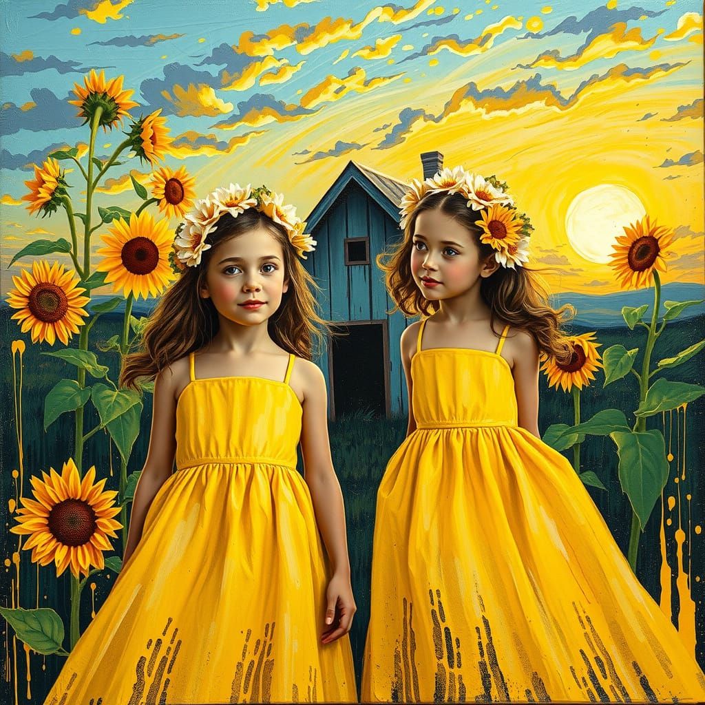 Girls with Sunflowers in Vibrant Splatter Art