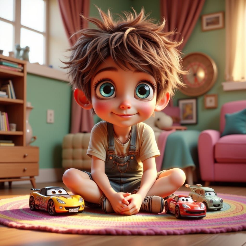 Boy Playing with Toy Cars in 3D Animated Style
