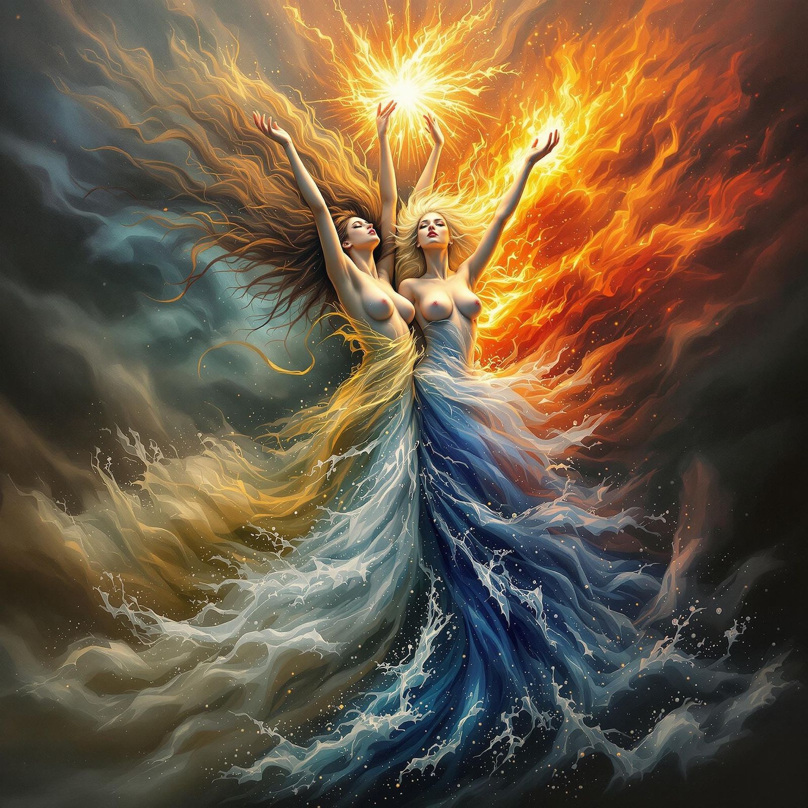 Elemental Women Embrace to Create Magic