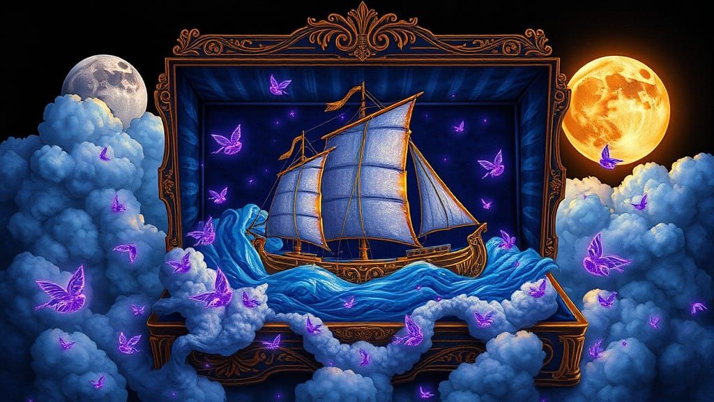 Ethereal Jewel Box Scene with Majestic Boat