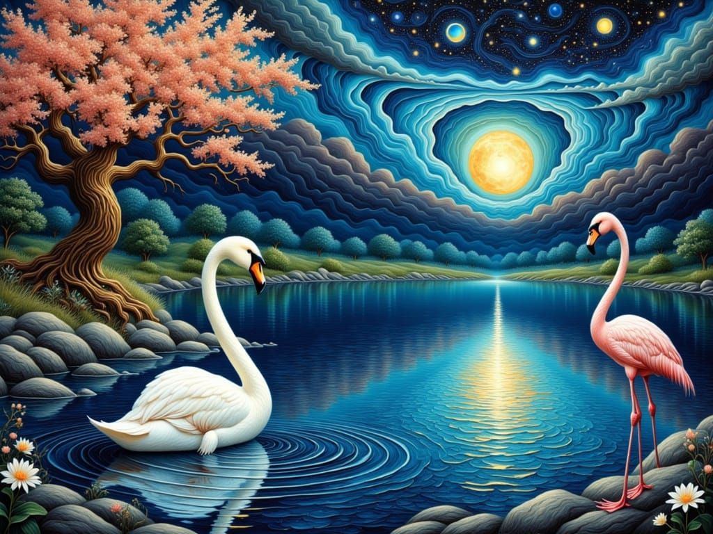 Midnight Garden Serenity under a Cosmic Moonlit Sky