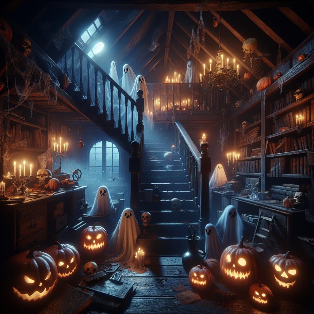 Spooky Halloween Attic with Ghosts in Dark Fantasy Style