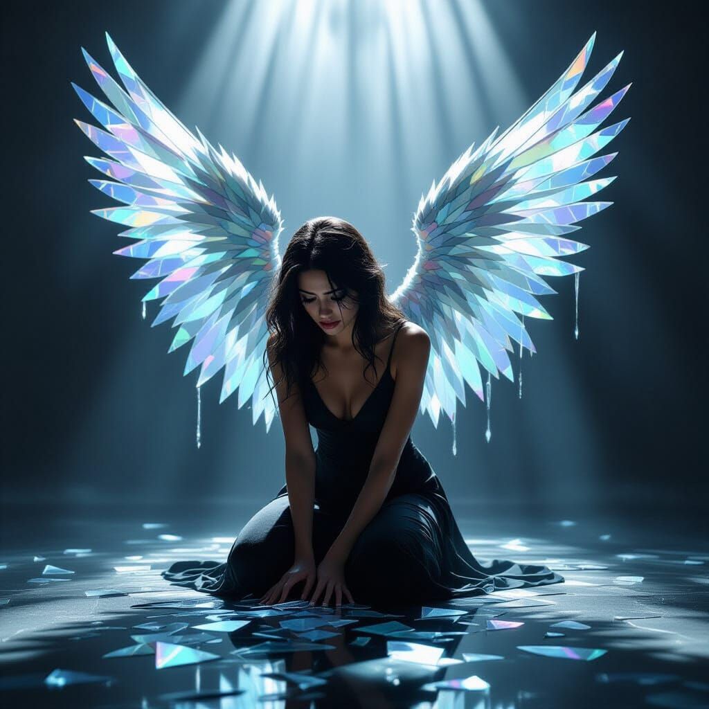 Ethereal Woman with Broken Glass Wings in Sorrow