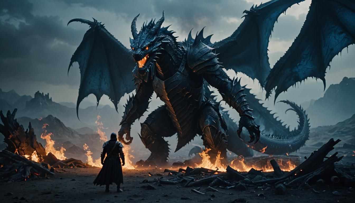 Fantasy Knight Gazing at Blue Fire Dragon