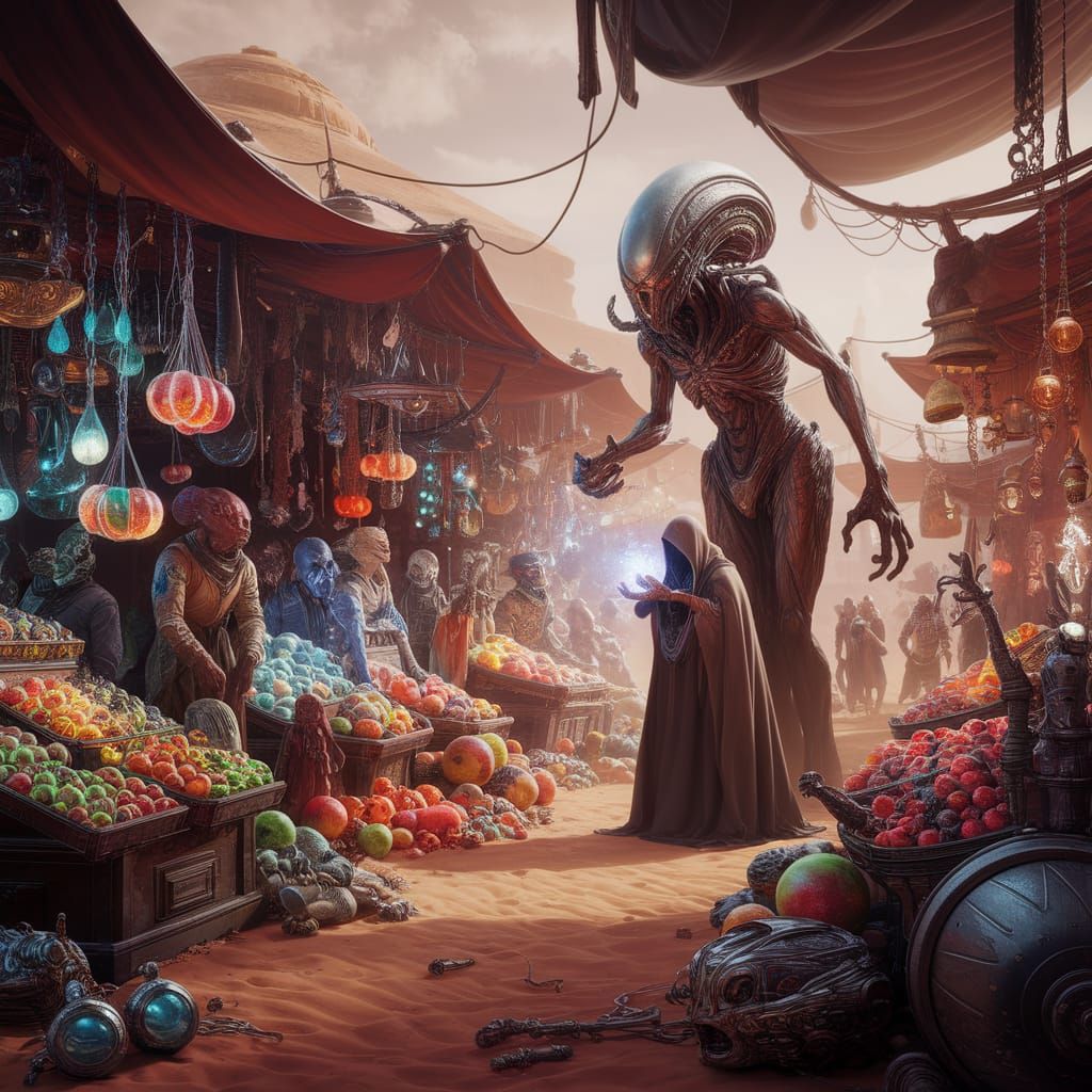 Bustling Alien Market on Desert Planet in Unreal Engine 5