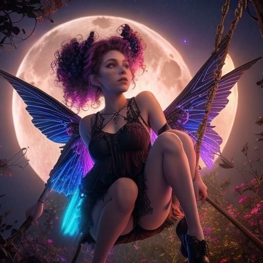 Gothic Nature Pixie Gazing at Neon Moon