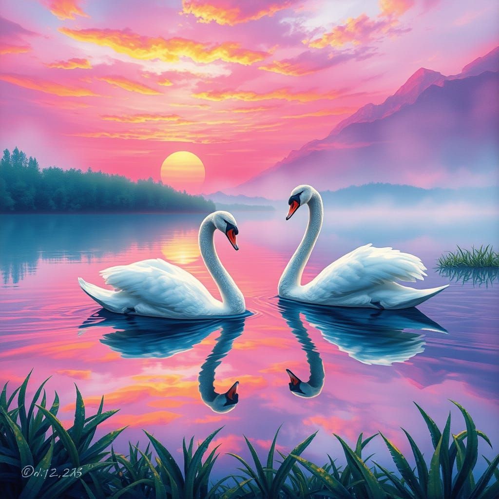 Swans on Lake at Iridescent Sunset in Alcohol Ink
