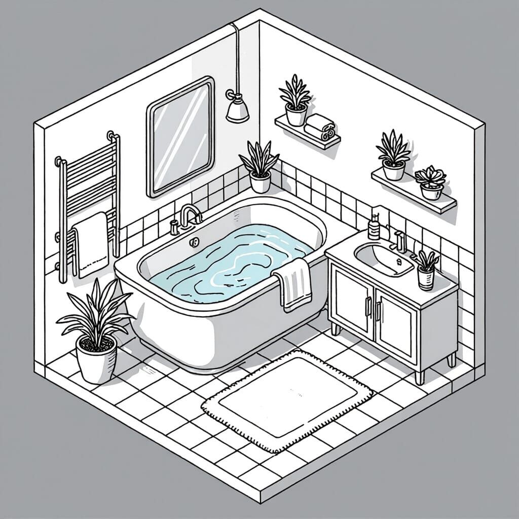 Isometric Bathroom Line Art in Minimalist Style