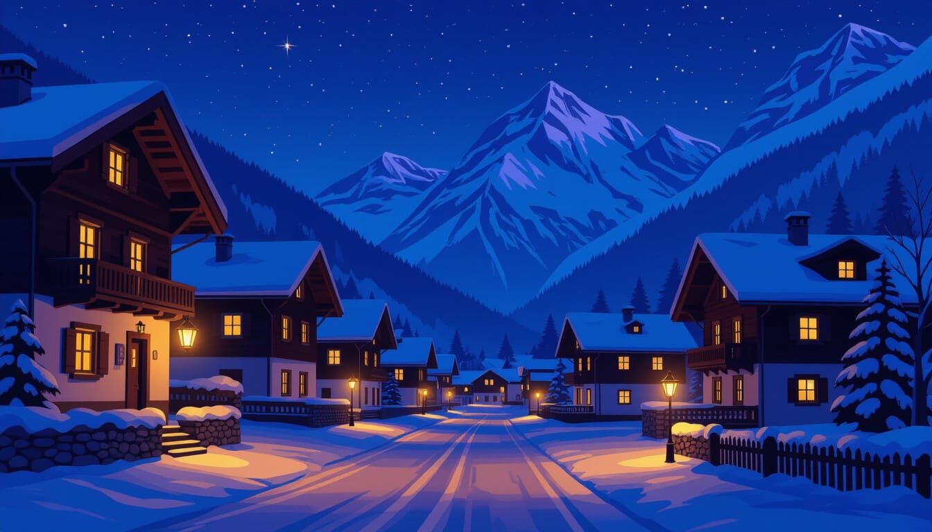 Cozy Swiss Alps Village at Night in Digital Painting Style