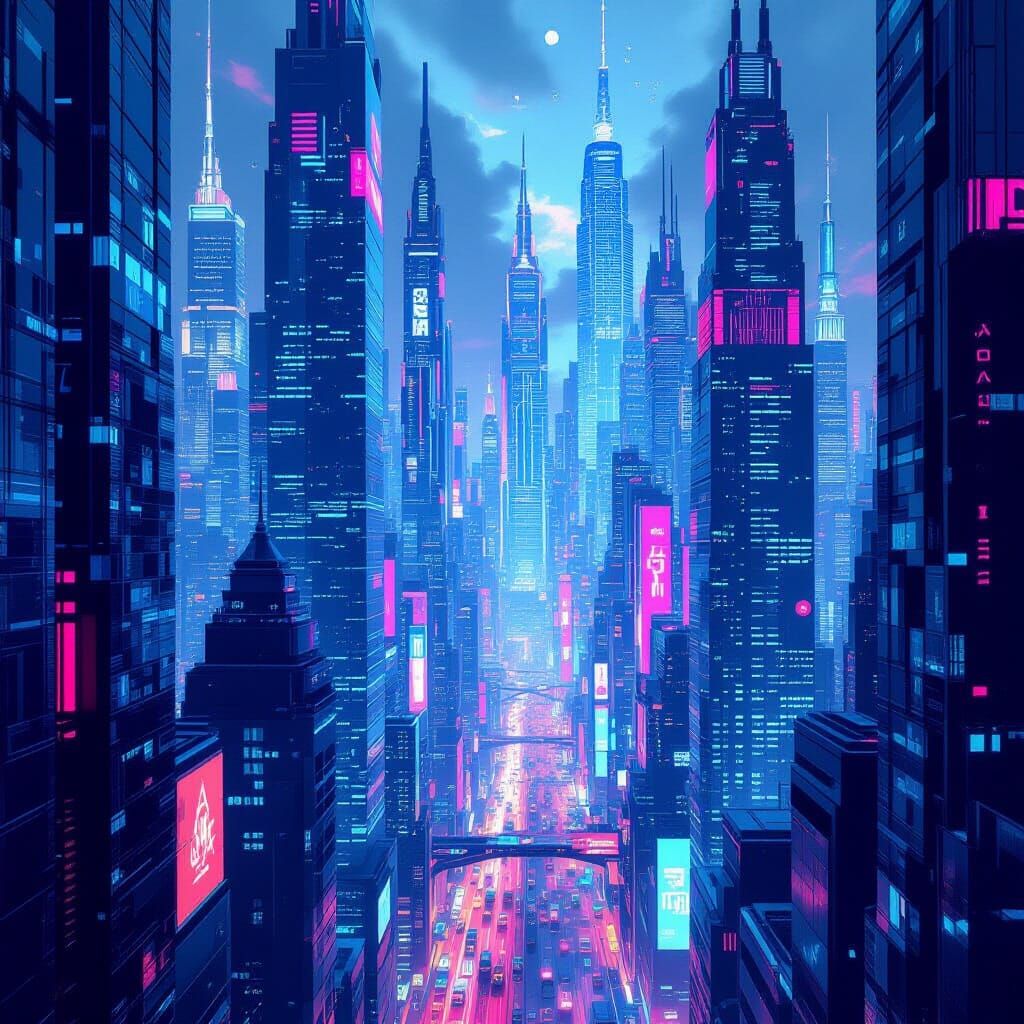 Neon Cubist Cityscape Inspired by Syd Mead