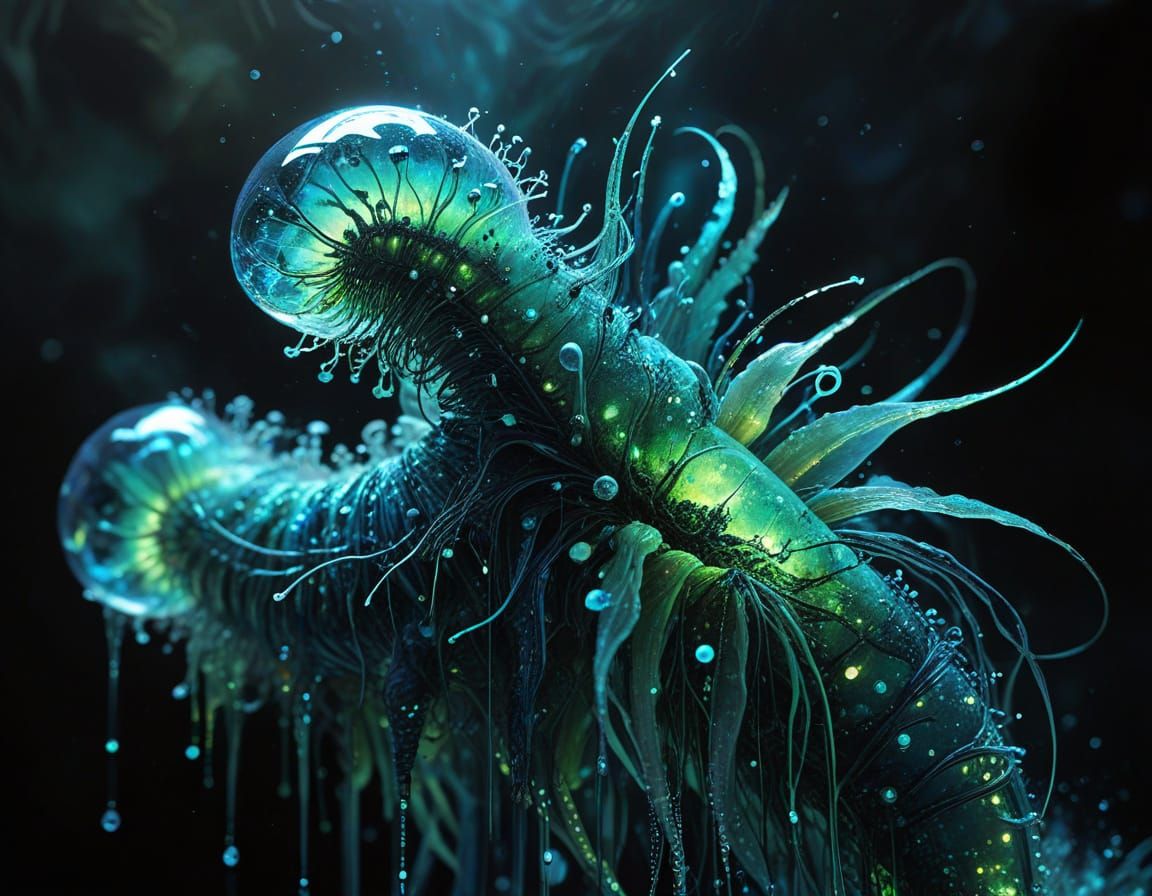 Ethereal Bioluminescent Forms Emerge from Dark Aquatic Depth...