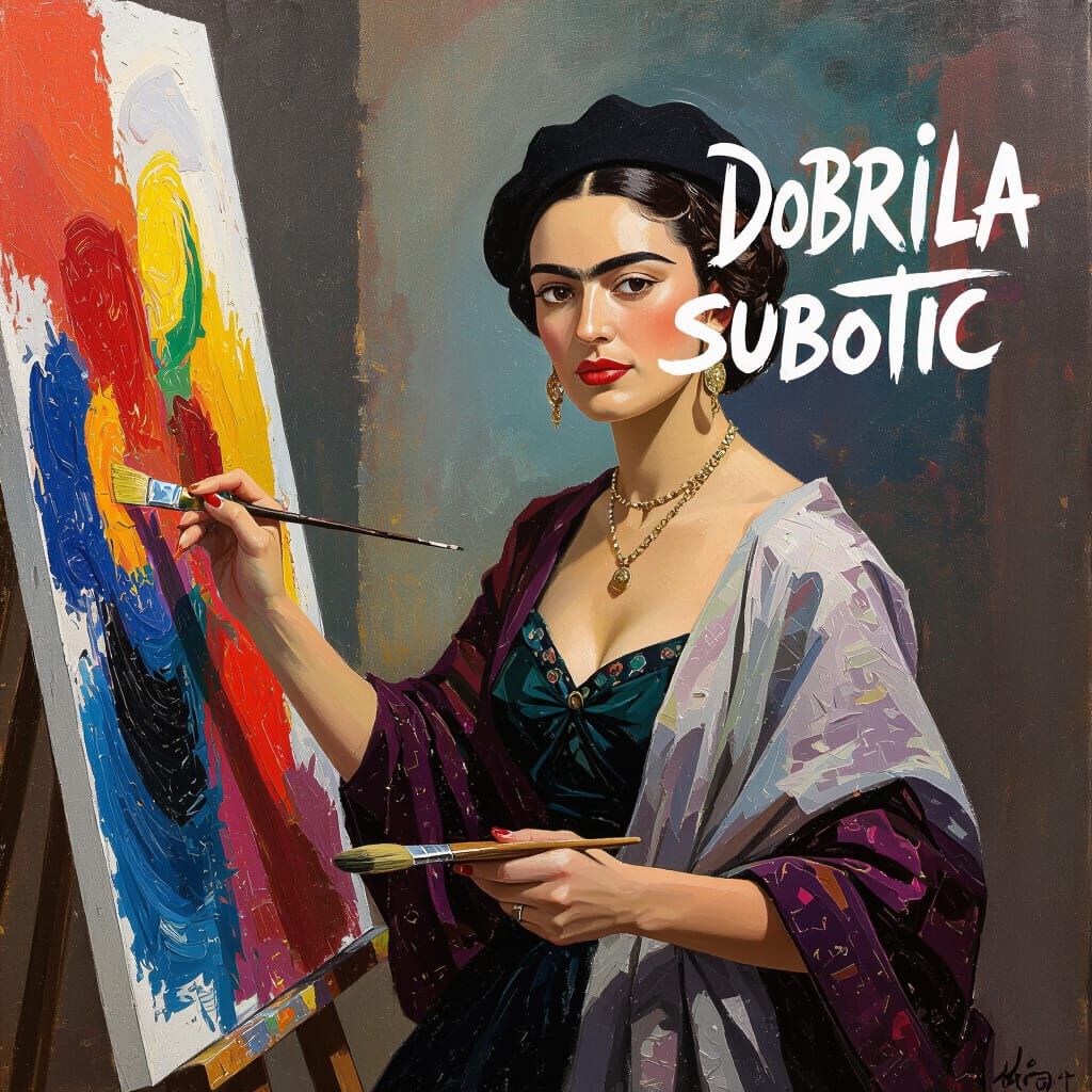 Elegant Woman Painting Abstract Art in Surrealist Style