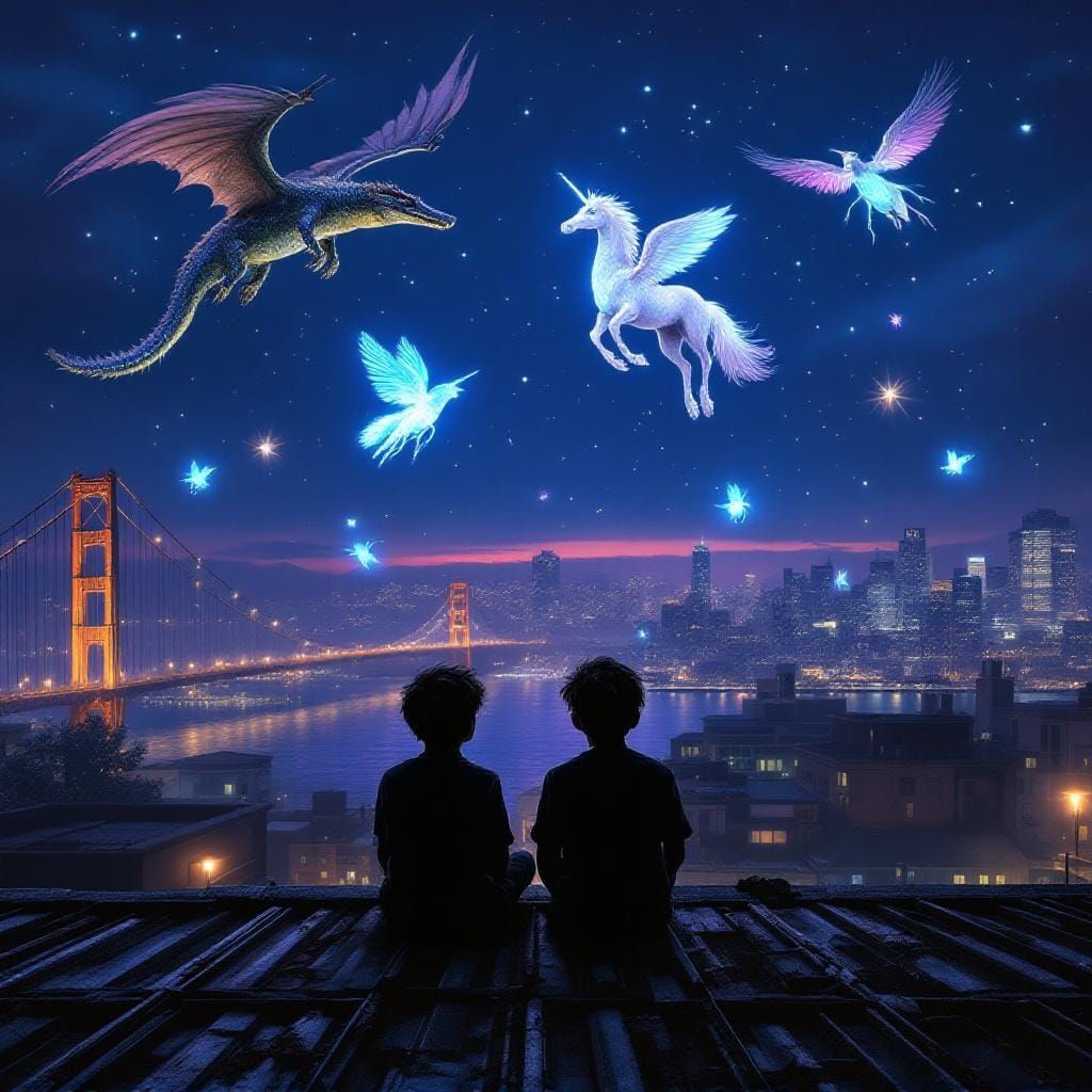 Twilight Rooftop Scene with Bioluminescent Creatures