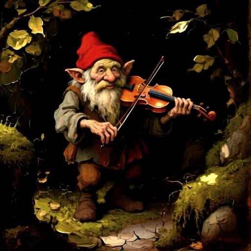 Gruffy Gnome Plays Sourwood Fiddle in Cracked Oil Painting