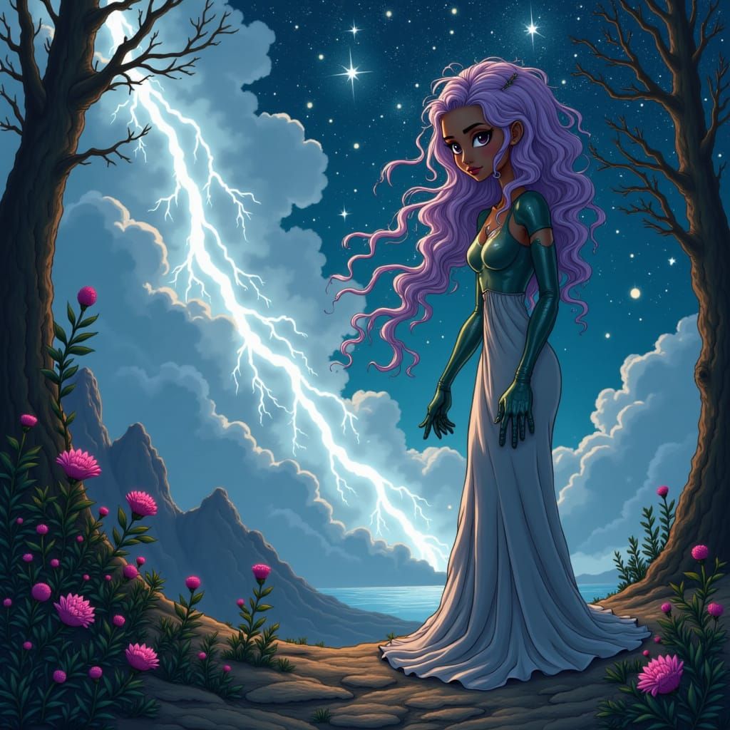 Ethereal Storm Goddess Rises from the Void in Cosmic Art