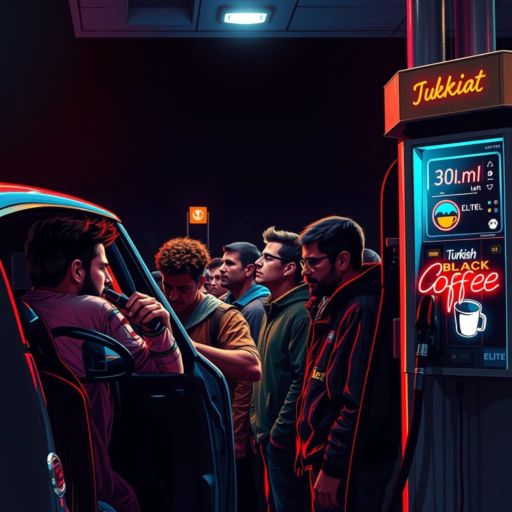 Midnight Gas Station Scene in Neon-Lit Graffiti Style