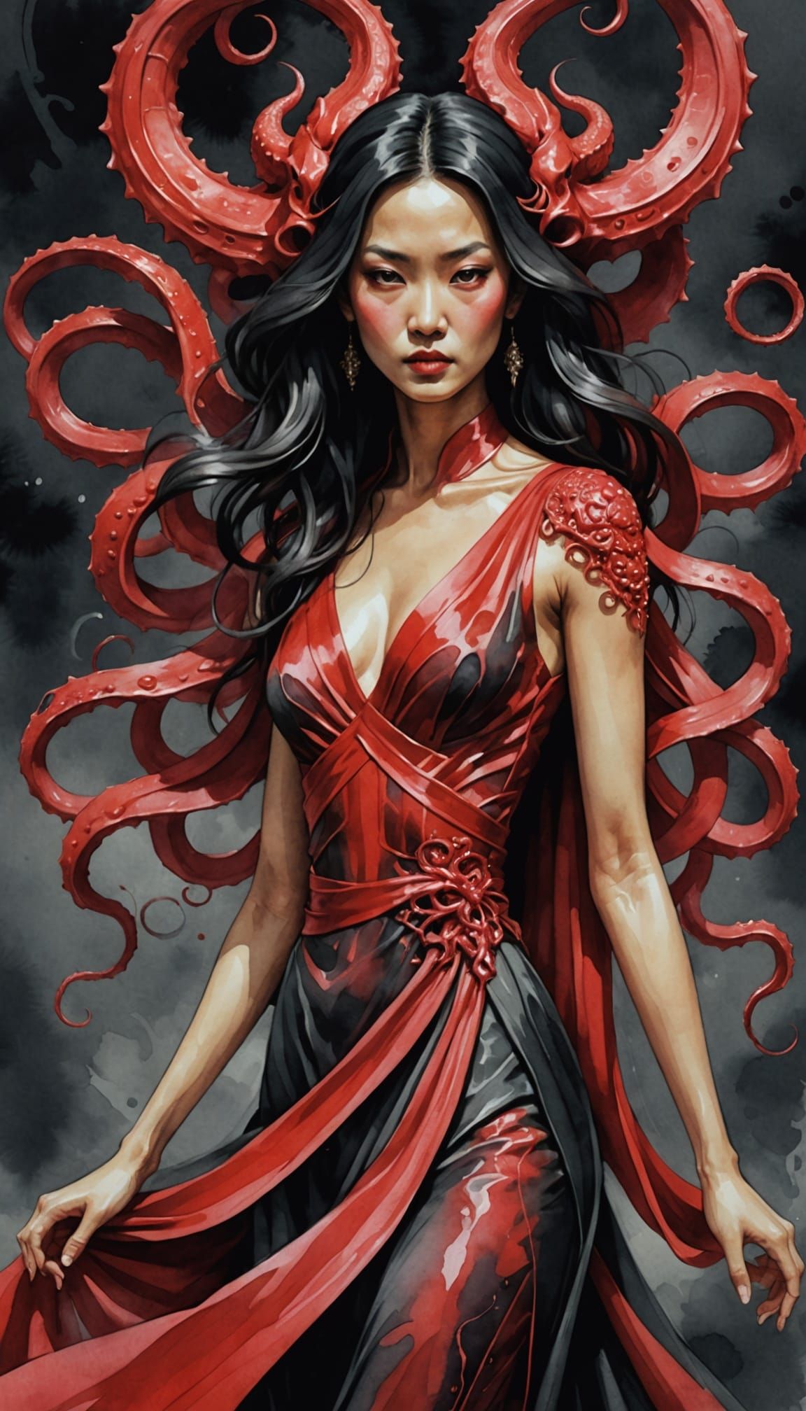 Crimson Goddess: Asian Cthulhu Portrait in Watercolour